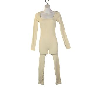 Mooslover Cream Ribbed Long Sleeve Unitard Square Neck Jumpsuit Medium One Piece